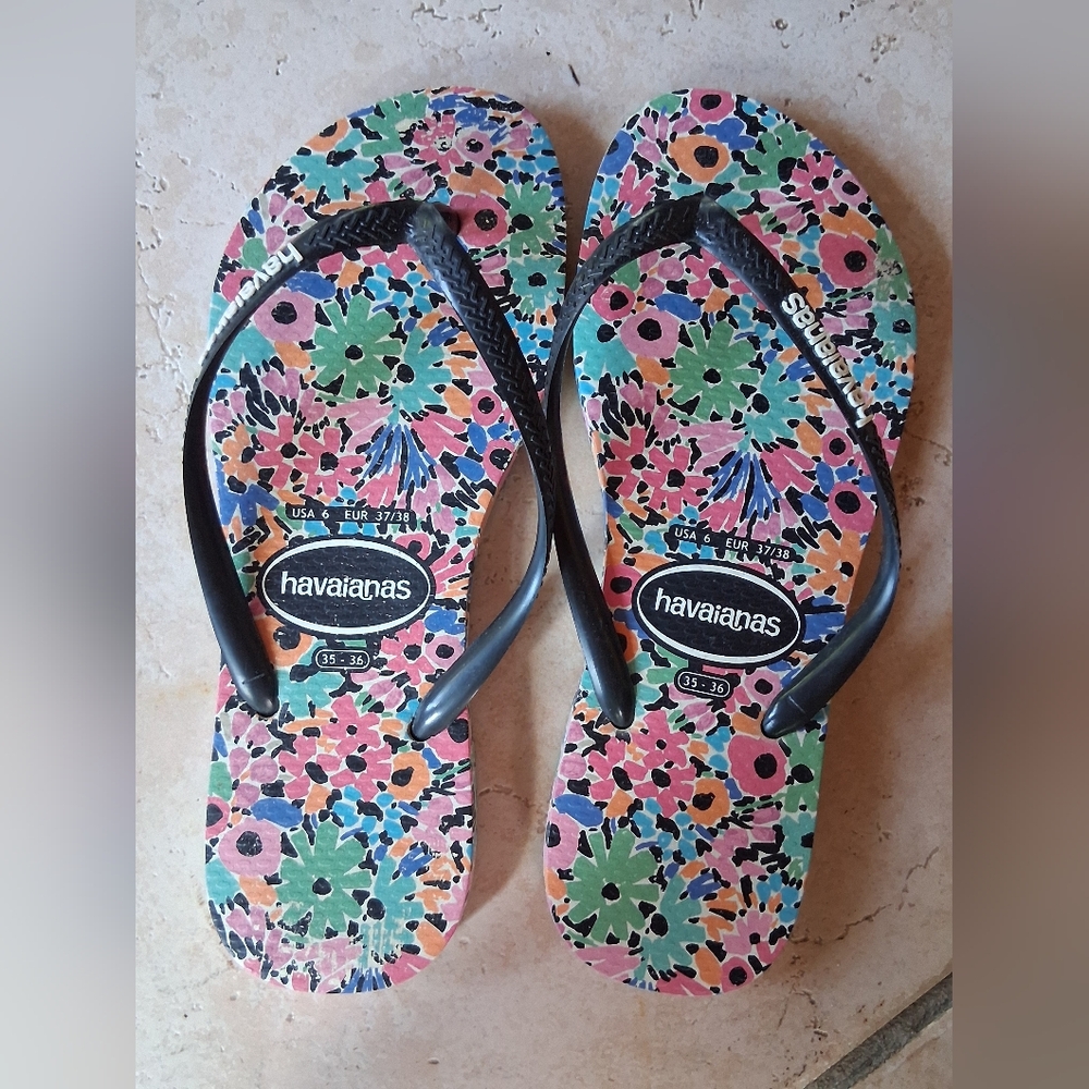 Havaianas Vibrant Floral Flip Flops with Dark Blue Straps